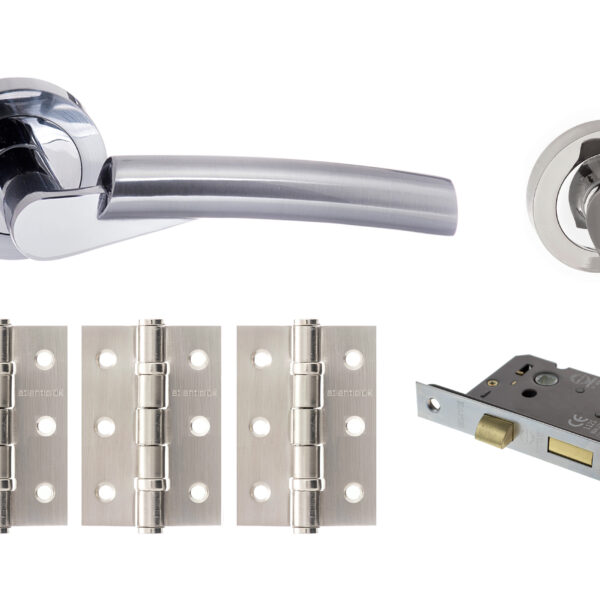 STATUS Florida Door Handle Pack (Bathroom Set - 2.5" CE Bathroom Lock, 3" Fire Rated Hinges x3) - Satin Chrome/Polished Chrome