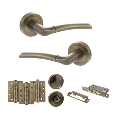 STATUS Indiana Door Handle Pack (Bathroom Set - 3" CE Bathroom Lock, 4" Fire Rated Hinges x3) - Antique Brass
