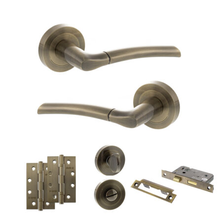STATUS Indiana Door Handle Pack (Bathroom Set - 2.5" CE Bathroom Lock, 4" Slim Knuckle Hinges x2) - Antique Brass