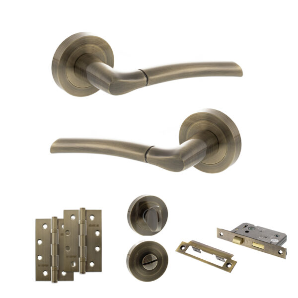 STATUS Indiana Door Handle Pack (Bathroom Set - 2.5" CE Bathroom Lock, 4" Slim Knuckle Hinges x2) - Antique Brass