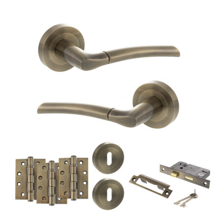 STATUS Indiana Door Handle Pack (3 Lever Lock Set - 2.5" CE Sashlock, 4" Fire Rated Hinges x3) - Antique Brass
