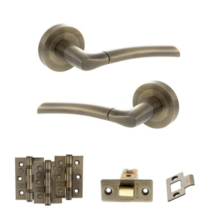 STATUS Indiana Door Handle Pack (Latch Set - 2.5" CE Latch, 3" Fire Rated Hinges x3) - Antique Brass