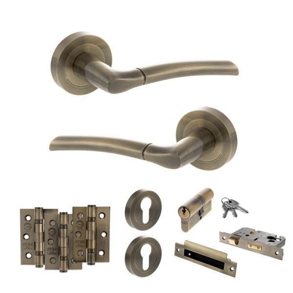 STATUS Indiana Door Handle Pack (Euro Lock Set - 3" CE Sashlock, 3" Fire Rated Hinges x3) - Antique Brass