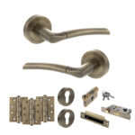 STATUS Indiana Door Handle Pack (Euro Lock Set - 3" CE Sashlock, 4" Fire Rated Hinges x3) - Antique Brass