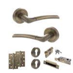 STATUS Indiana Door Handle Pack (Euro Lock Set - 2.5" CE Sashlock, 4" Slim Knuckle Hinges x2) - Antique Brass
