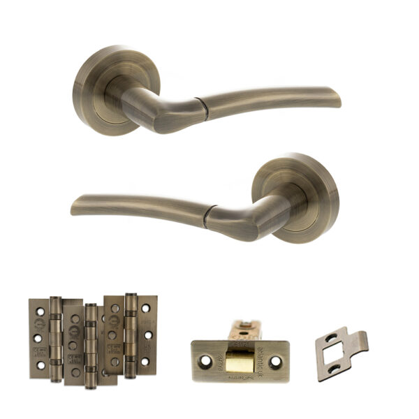 STATUS Indiana Door Handle Pack (Latch Set - 3" CE Latch, 3" Fire Rated Hinges x3) - Antique Brass