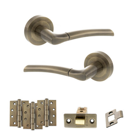 STATUS Indiana Door Handle Pack (Latch Set - 3" CE Latch, 4" Fire Rated Hinges x3) - Antique Brass