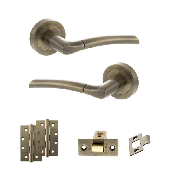 STATUS Indiana Door Handle Pack (Latch Set - 2.5" CE Latch, 4" Slim Knuckle Hinges x2) - Antique Brass