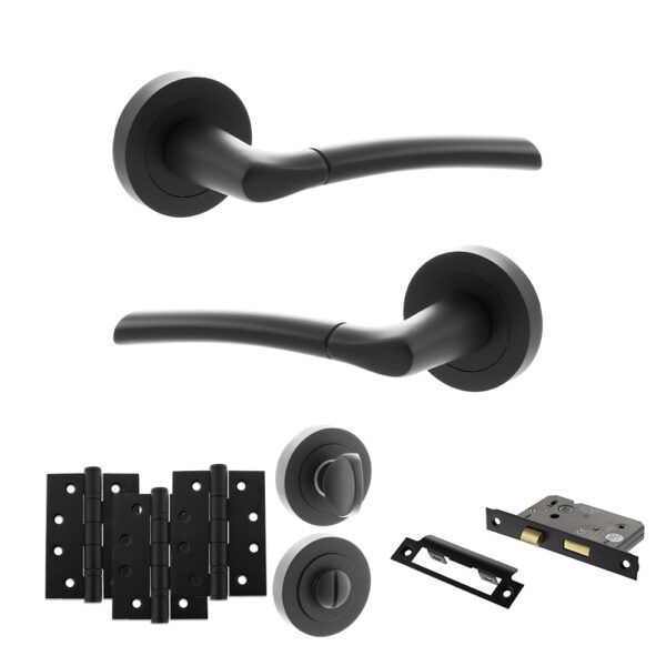 STATUS Indiana Door Handle Pack (Bathroom Set - 2.5" CE Bathroom Lock, 4" Fire Rated Hinges x3) - Matt Black