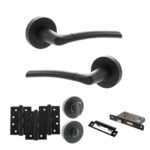 STATUS Indiana Door Handle Pack (Bathroom Set - 3" CE Bathroom Lock, 4" Fire Rated Hinges x3) - Matt Black