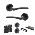 STATUS Indiana Door Handle Pack (Bathroom Set - 2.5" CE Bathroom Lock, 4" Slim Knuckle Hinges x2) - Matt Black