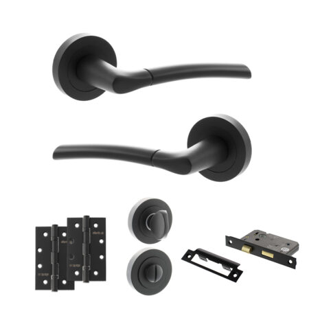 STATUS Indiana Door Handle Pack (Bathroom Set - 2.5" CE Bathroom Lock, 4" Slim Knuckle Hinges x2) - Matt Black