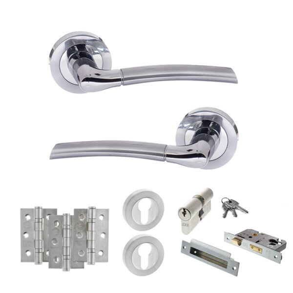 STATUS Indiana Door Handle Pack (Euro Lock Set - 2.5" CE Sashlock, 3" Fire Rated Hinges x3) - Satin Chrome/Polished Chrome