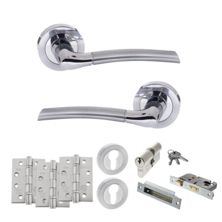 STATUS Indiana Door Handle Pack (Euro Lock Set - 3" CE Sashlock, 4" Fire Rated Hinges x3) - Satin Chrome/Polished Chrome