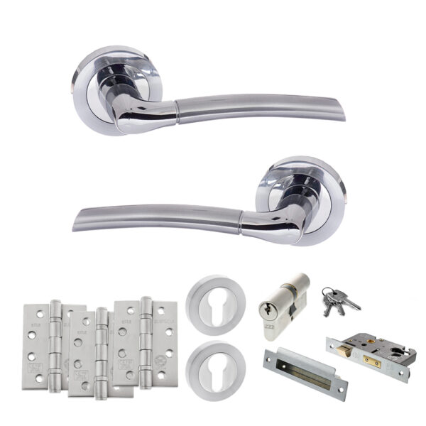 STATUS Indiana Door Handle Pack (Euro Lock Set - 3" CE Sashlock, 4" Fire Rated Hinges x3) - Satin Chrome/Polished Chrome