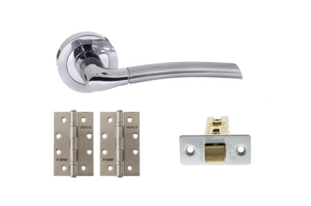 STATUS Indiana Door Handle Pack (Latch Set - 3" CE Latch, 4" Slim Knuckle Hinges x2) - Satin Chrome/Polished Chrome