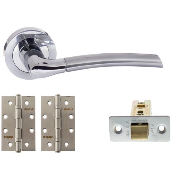 STATUS Indiana Door Handle Pack (Latch Set - 3" CE Latch, 4" Slim Knuckle Hinges x2) - Satin Chrome/Polished Chrome
