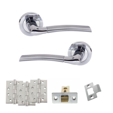 STATUS Indiana Door Handle Pack (Latch Set - 3" CE Latch, 4" Fire Rated Hinges x3) - Satin Chrome/Polished Chrome