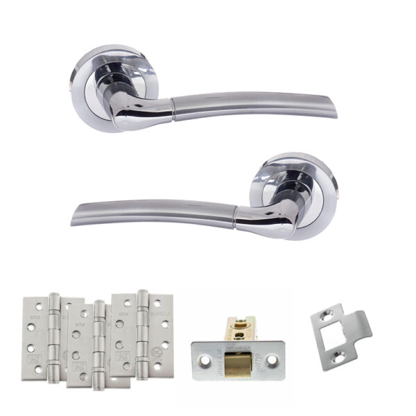 STATUS Indiana Door Handle Pack (Latch Set - 3" CE Latch, 4" Fire Rated Hinges x3) - Satin Chrome/Polished Chrome