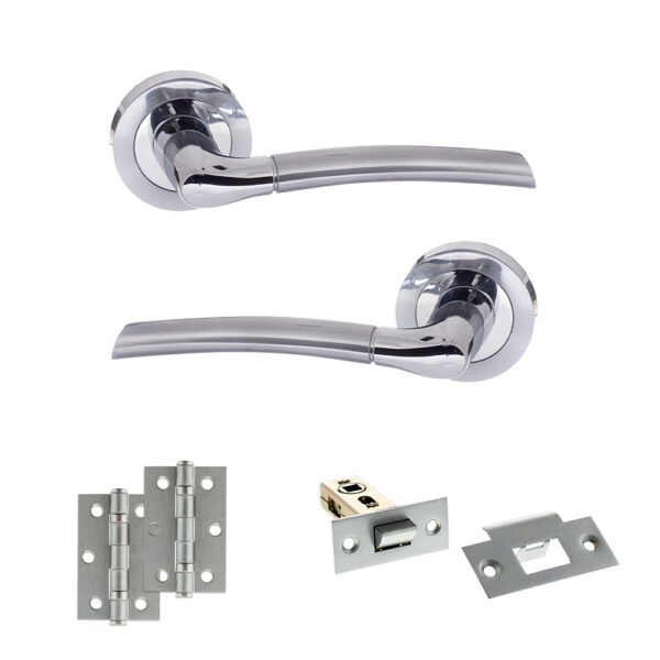 STATUS Indiana Door Handle Pack (Latch Set - 2.5" Latch, 3" Hinges x2) - Satin Chrome/Polished Chrome