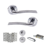 STATUS Indiana Door Handle Pack (Bathroom Set - 2.5" CE Bathroom Lock, 3" Fire Rated Hinges x3) - Satin Chrome/Polished Chrome