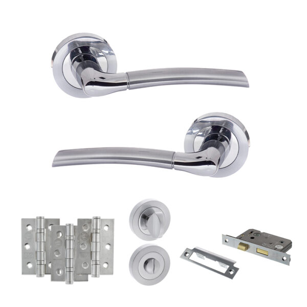 STATUS Indiana Door Handle Pack (Bathroom Set - 2.5" CE Bathroom Lock, 3" Fire Rated Hinges x3) - Satin Chrome/Polished Chrome