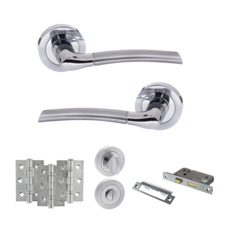 STATUS Indiana Door Handle Pack (Bathroom Set - 3" CE Bathroom Lock, 3" Fire Rated Hinges x3) - Satin Chrome/Polished Chrome