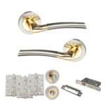 STATUS Indiana Door Handle Pack (Bathroom Set - 2.5" CE Bathroom Lock, 4" Fire Rated Hinges x3) - Satin Nickel/Polished Brass