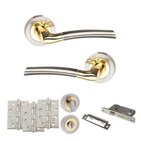 STATUS Indiana Door Handle Pack (Bathroom Set - 2.5" CE Bathroom Lock, 4" Fire Rated Hinges x3) - Satin Nickel/Polished Brass
