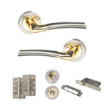 STATUS Indiana Door Handle Pack (Bathroom Set - 3" CE Bathroom Lock, 4" Slim Knuckle Hinges x2) - Satin Nickel/Polished Brass