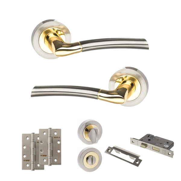 STATUS Indiana Door Handle Pack (Bathroom Set - 3" CE Bathroom Lock, 4" Slim Knuckle Hinges x2) - Satin Nickel/Polished Brass
