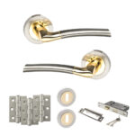 STATUS Indiana Door Handle Pack (3 Lever Lock Set - 2.5" CE Sashlock, 3" Fire Rated Hinges x3) - Satin Nickel/Polished Brass