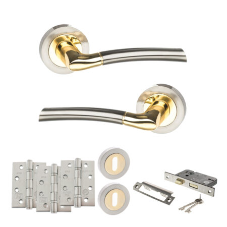 STATUS Indiana Door Handle Pack (3 Lever Lock Set - 2.5" CE Sashlock, 4" Fire Rated Hinges x3) - Satin Nickel/Polished Brass