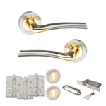 STATUS Indiana Door Handle Pack (3 Lever Lock Set - 3" CE Sashlock, 4" Fire Rated Hinges x3) - Satin Nickel/Polished Brass