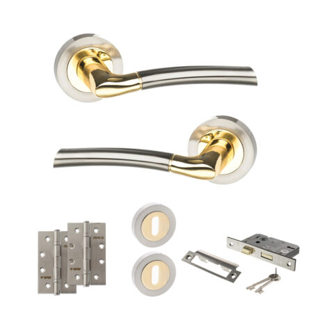 STATUS Indiana Door Handle Pack (3 Lever Lock Set - 3" CE Sashlock, 4" Slim Knuckle Hinges x2) - Satin Nickel/Polished Brass