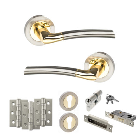 STATUS Indiana Door Handle Pack (Euro Lock Set - 3" CE Sashlock, 3" Fire Rated Hinges x3) - Satin Nickel/Polished Brass