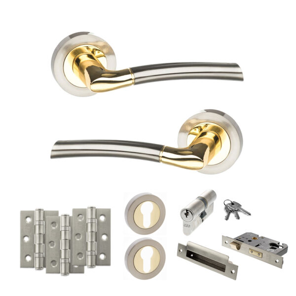 STATUS Indiana Door Handle Pack (Euro Lock Set - 3" CE Sashlock, 3" Fire Rated Hinges x3) - Satin Nickel/Polished Brass