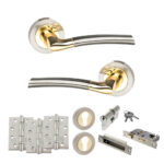 STATUS Indiana Door Handle Pack (Euro Lock Set - 2.5" CE Sashlock, 4" Fire Rated Hinges x3) - Satin Nickel/Polished Brass