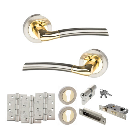 STATUS Indiana Door Handle Pack (Euro Lock Set - 3" CE Sashlock, 4" Fire Rated Hinges x3) - Satin Nickel/Polished Brass