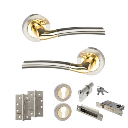 STATUS Indiana Door Handle Pack (Euro Lock Set - 3" CE Sashlock, 4" Slim Knuckle Hinges x2) - Satin Nickel/Polished Brass