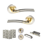 STATUS Indiana Door Handle Pack (Bathroom Set - 3" CE Bathroom Lock, 3" Fire Rated Hinges x3) - Satin Nickel/Polished Brass