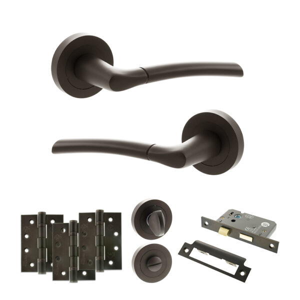 STATUS Indiana Door Handle Pack (Bathroom Set - 2.5" CE Bathroom Lock, 4" Fire Rated Hinges x3) - Urban Dark Bronze