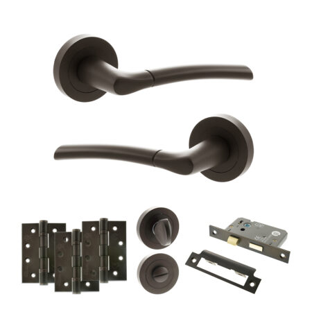 STATUS Indiana Door Handle Pack (Bathroom Set - 3" CE Bathroom Lock, 4" Fire Rated Hinges x3) - Urban Dark Bronze