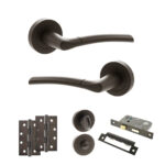 STATUS Indiana Door Handle Pack (Bathroom Set - 2.5" CE Bathroom Lock, 4" Slim Knuckle Hinges x2) - Urban Dark Bronze