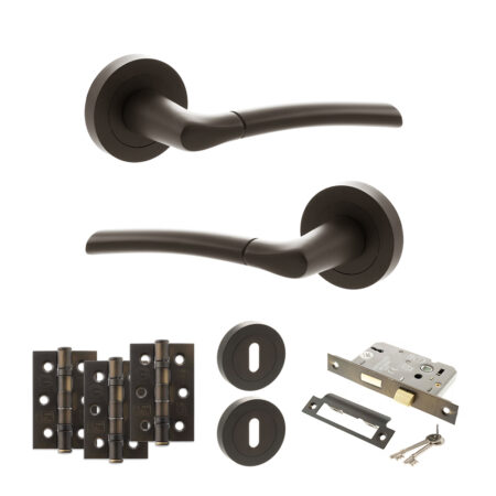 STATUS Indiana Door Handle Pack (3 Lever Lock Set - 2.5" CE Sashlock, 3" Fire Rated Hinges x3) - Urban Dark Bronze