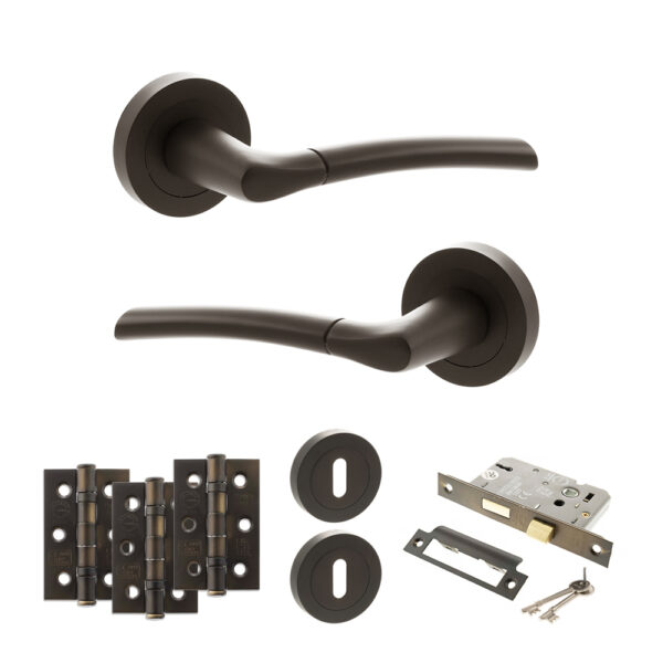 STATUS Indiana Door Handle Pack (3 Lever Lock Set - 3" CE Sashlock, 3" Fire Rated Hinges x3) - Urban Dark Bronze