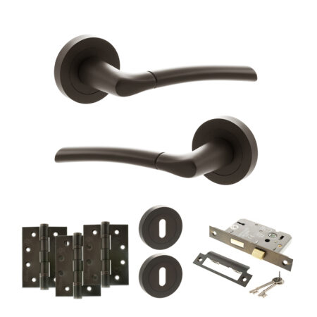 STATUS Indiana Door Handle Pack (3 Lever Lock Set - 2.5" CE Sashlock, 4" Fire Rated Hinges x3) - Urban Dark Bronze