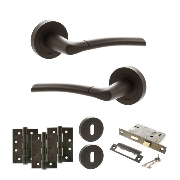 STATUS Indiana Door Handle Pack (3 Lever Lock Set - 3" CE Sashlock, 4" Fire Rated Hinges x3) - Urban Dark Bronze