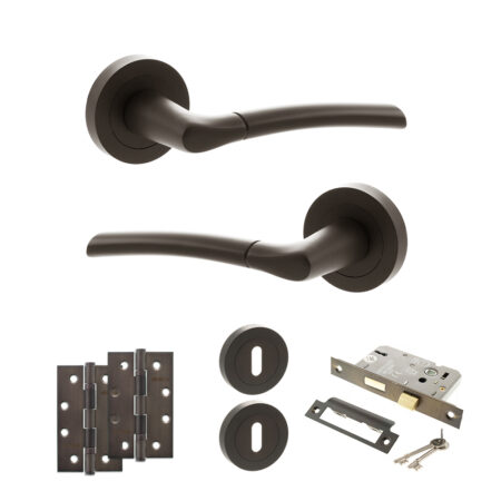 STATUS Indiana Door Handle Pack (3 Lever Lock Set - 2.5" CE Sashlock, 4" Slim Knuckle Hinges x2) - Urban Dark Bronze