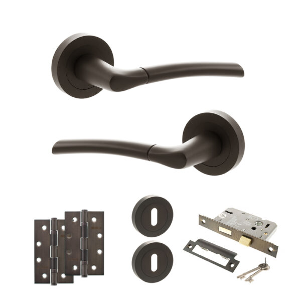 STATUS Indiana Door Handle Pack (3 Lever Lock Set - 2.5" CE Sashlock, 4" Slim Knuckle Hinges x2) - Urban Dark Bronze